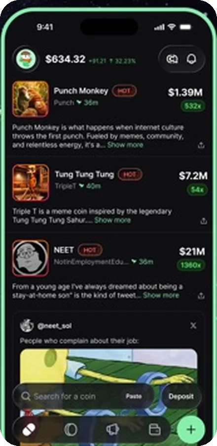 pump.fun app showing freshly launched tokens